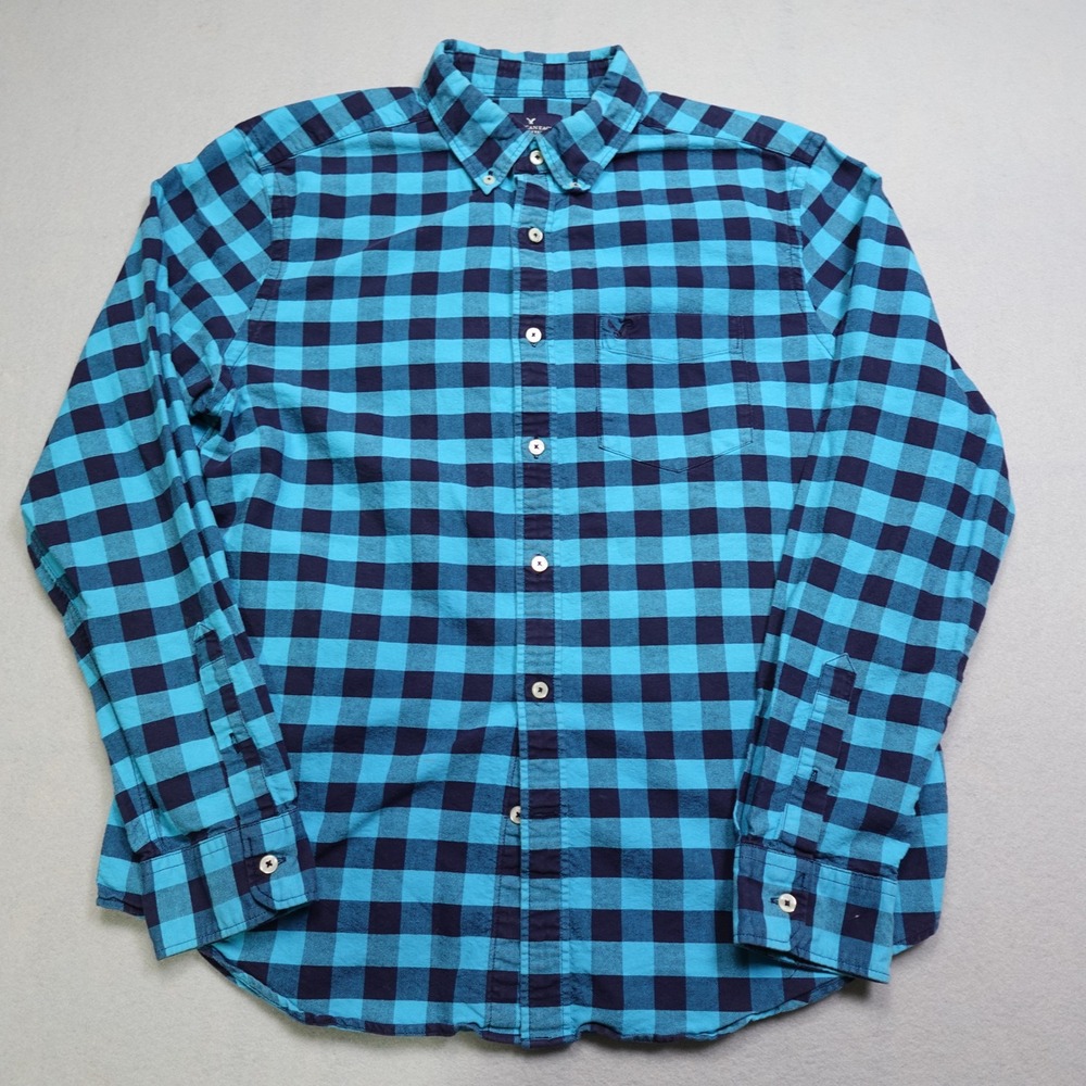 American Eagle Button Down Shirt Mens L Blue Buffalo Plaid Classic Fit flannel